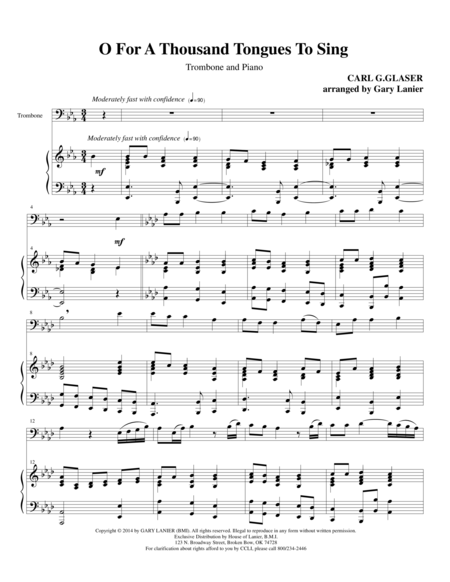 Free Sheet Music O For A Thousand Tongues To Sing Trombone Piano And Trb Part