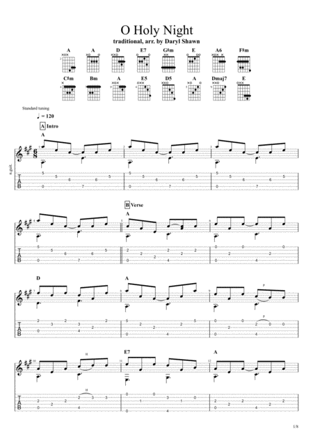 Free Sheet Music O Holy Night For Solo Fingerstyle Guitar
