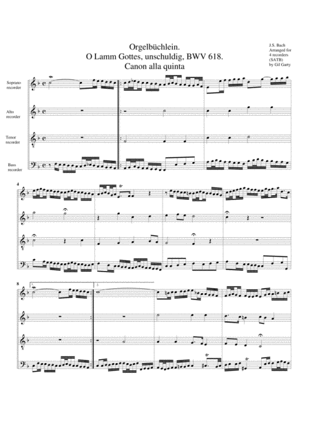 O Lamm Gottes Unschuldig Bwv 618 From Orgelbuechlein Arrangement For 4 Recorders Sheet Music