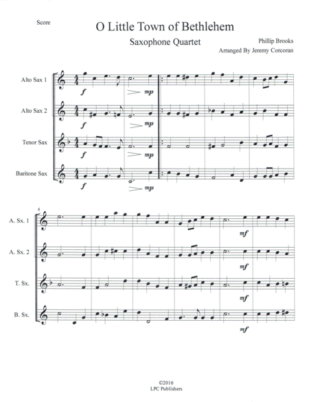 O Little Town Of Bethlehem For Saxophone Quartet Satb Or Aatb Sheet Music