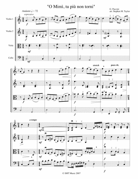 Free Sheet Music O Mimi Tu Pi Non Torni From La Boheme