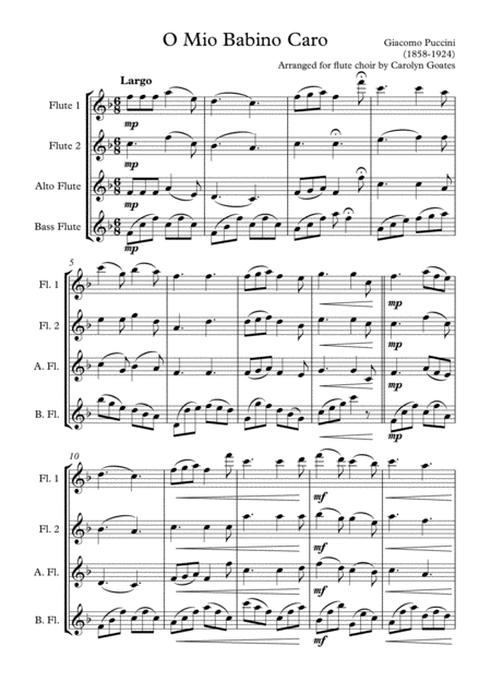 O Mio Babbino Caro Puccini For Flute Choir Sheet Music