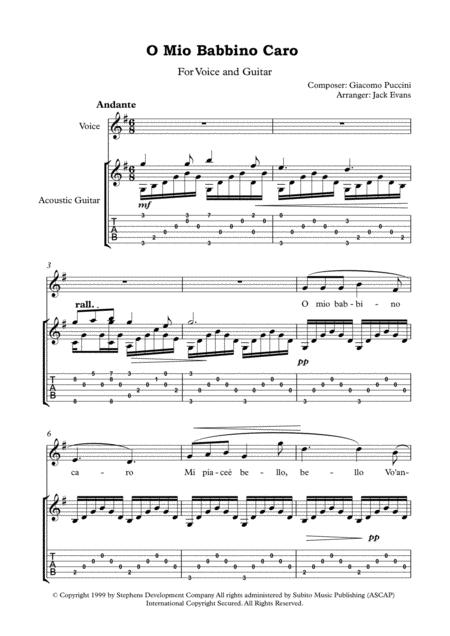 Free Sheet Music O Mio Babbino Caro Voice And Guitar