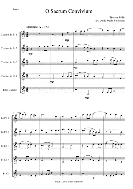 Free Sheet Music O Sacrum Convivium For Clarinet Quintet 4 Clarinets And 1 Bass Or 5 Clarinets