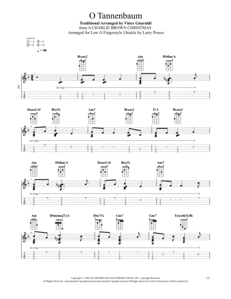 Free Sheet Music O Tannenbaum From A Charlie Brown Christmas Fingerstyle Ukulele