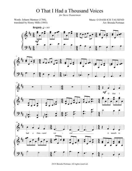 Free Sheet Music O That I Had A Thousand Voices O Dass Ich Tausend Medium Low Voice Arr Brenda Portman