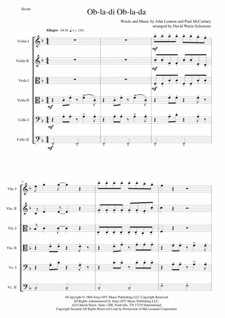 Ob La Di Ob La Da For String Sextet Or String Orchestra Sheet Music