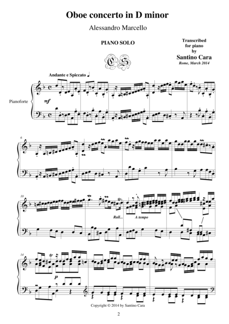 Free Sheet Music Oboe Concerto In D Minor Op 2 By A Marcello Piano Version