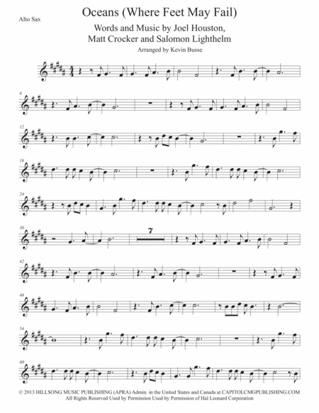 Oceans Original Key Alto Sax Sheet Music