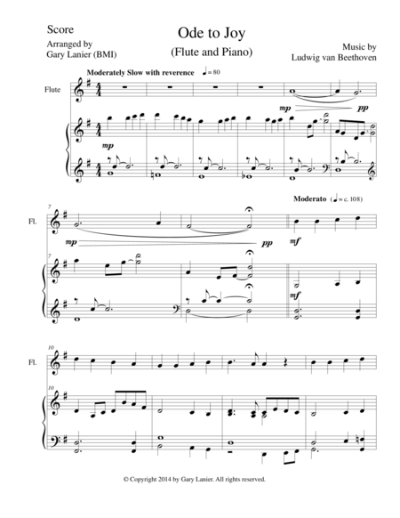 Ode To Joy Duet Flute Piano With Score Part Sheet Music