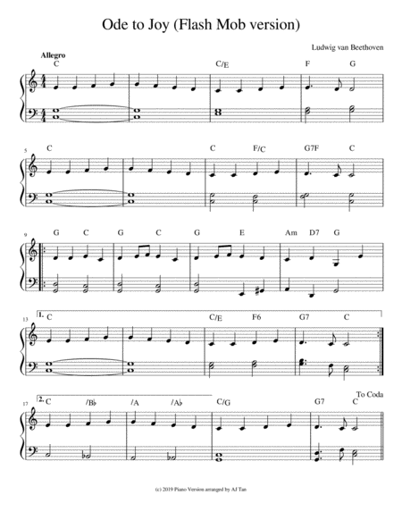 Ode To Joy Flash Mob Version Piano Solo Sheet Music