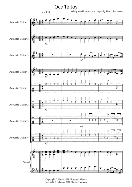 Ode To Joy For Guitar Quartet Sheet Music