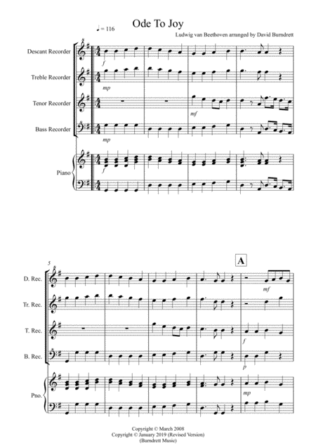 Ode To Joy For Recorder Quartet Sheet Music