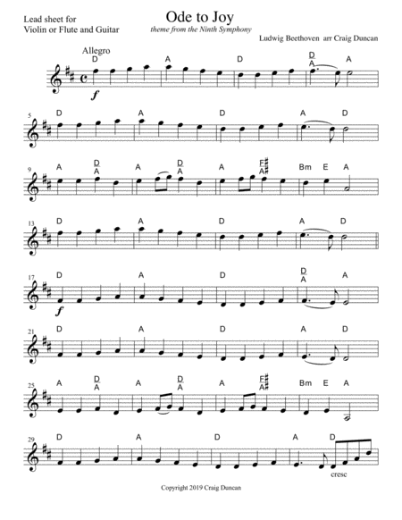 Free Sheet Music Ode To Joy Lead Sheet Violin Or Flute And Guitar