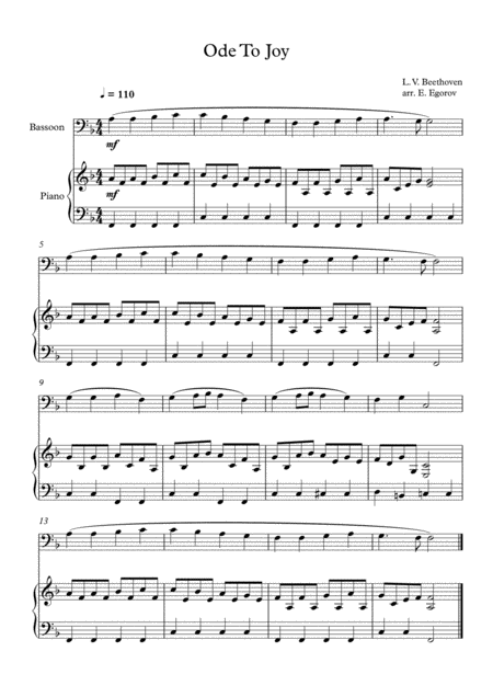 Ode To Joy Ludwig Van Beethoven For Bassoon Piano Sheet Music