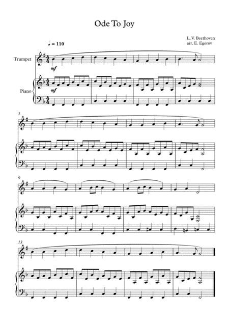 Ode To Joy Ludwig Van Beethoven For Trumpet Piano Sheet Music