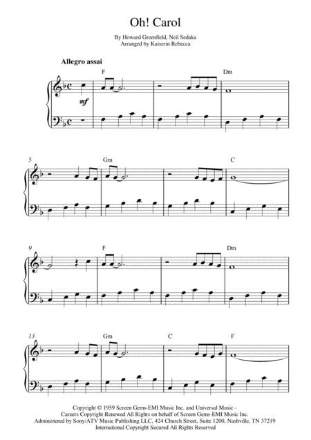 Free Sheet Music Oh Carol Easy Piano Solo With Chords