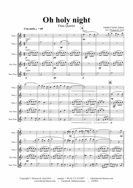 Oh Holy Night Cantique De Nol Christmas Song Flute Quintet Sheet Music