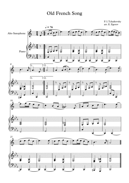 Free Sheet Music Old French Song Peter Ilyich Tchaikovsky For Alto Saxophone Piano