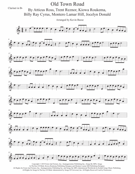 Free Sheet Music Old Town Road Clarinet Easy Key Of C