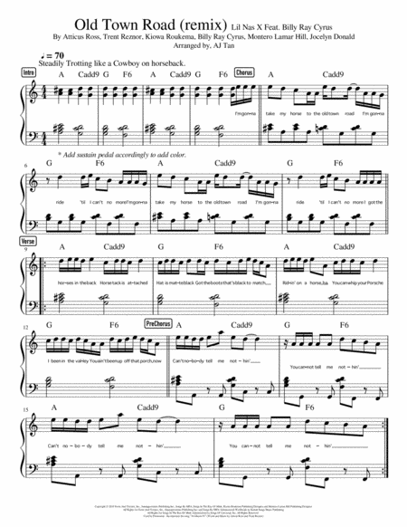 Old Town Road Remix By Lil Nas X Feat Billy Ray Cyrus Easy Piano Version Sheet Music