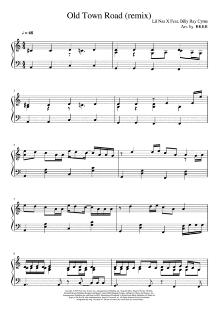 Old Town Road Remix Piano Solo For Intermediate Sheet Music