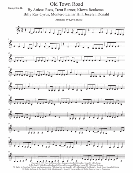 Old Town Road Trumpet Easy Key Of C Sheet Music