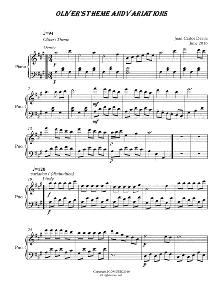 Free Sheet Music Olivers Theme And Variations