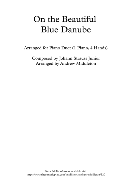 On The Beautiful Blue Danube Arranged For Piano Duet Sheet Music