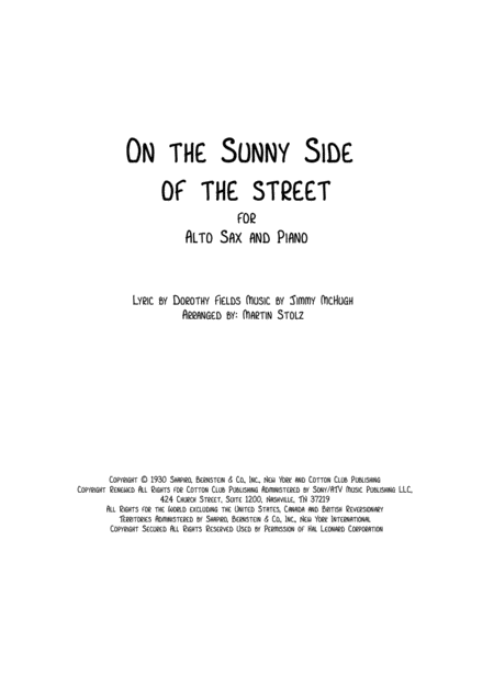 On The Sunny Side Of The Street For Alto Sax And Piano Sheet Music