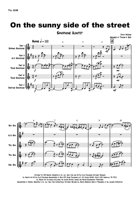 On The Sunny Side Of The Street Jazz Classic Saxophone Quintet Sheet Music