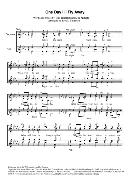 One Day I Will Fly Away Ssaa Sheet Music