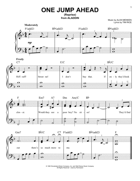 One Jump Ahead Reprise From Disneys Aladdin Sheet Music