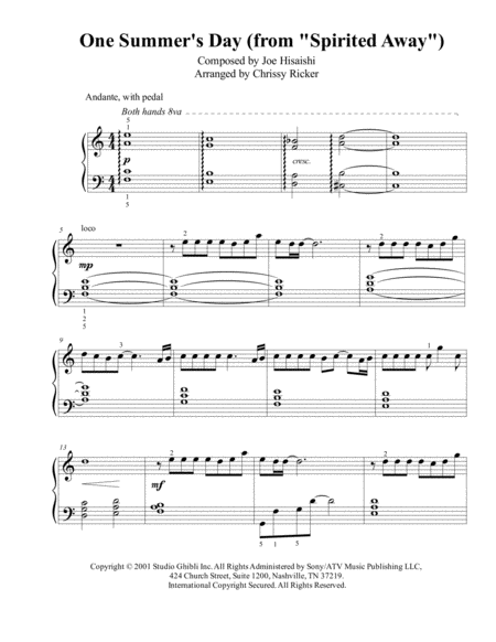 Free Sheet Music One Summers Day From Spirited Away Easy Piano