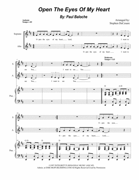 Open The Eyes Of My Heart Duet For Soprano Alto Solo Sheet Music