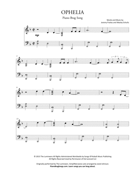 Free Sheet Music Ophelia The Lumineers Simplified Piano Solo
