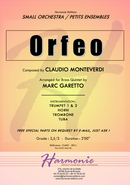 Orfeo Overture Toccata Adagio Claudio Monteverdi 2016 Chamber Music Contest Entry Sheet Music