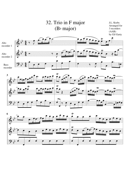 Organ Trio In F Major Breitkopf Edition No 32 Arrangement For 3 Recorders Sheet Music