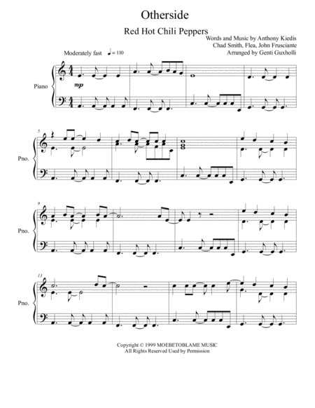 Free Sheet Music Otherside Piano Solo