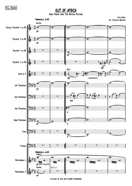 Out Of Africa Main Title Brass Ensemble Percussion Sheet Music