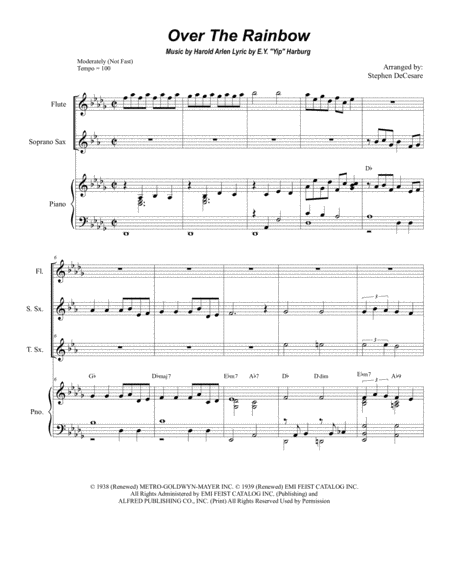 Over The Rainbow From The Wizard Of Oz Duet For Soprano And Tenor Saxophone Sheet Music