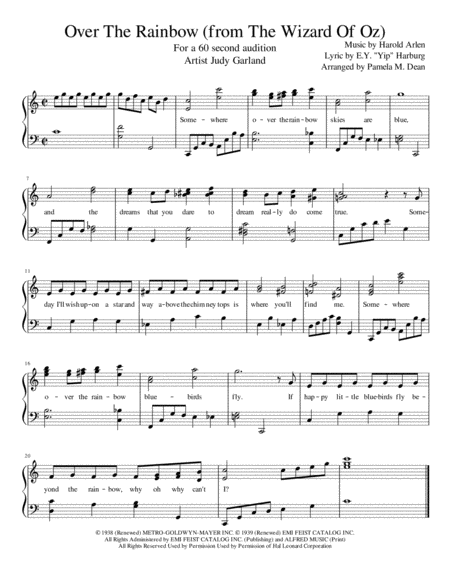 Free Sheet Music Over The Rainbow From The Wizard Of Oz For A 60 Second Audition