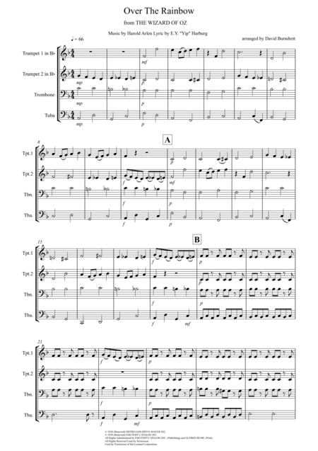 Free Sheet Music Over The Rainbow From The Wizard Of Oz For Brass Quartet