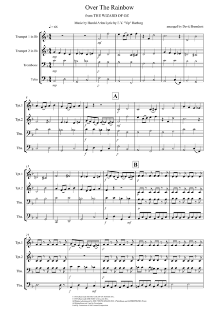 Over The Rainbow From The Wizard Of Oz For Brass Quartet Sheet Music