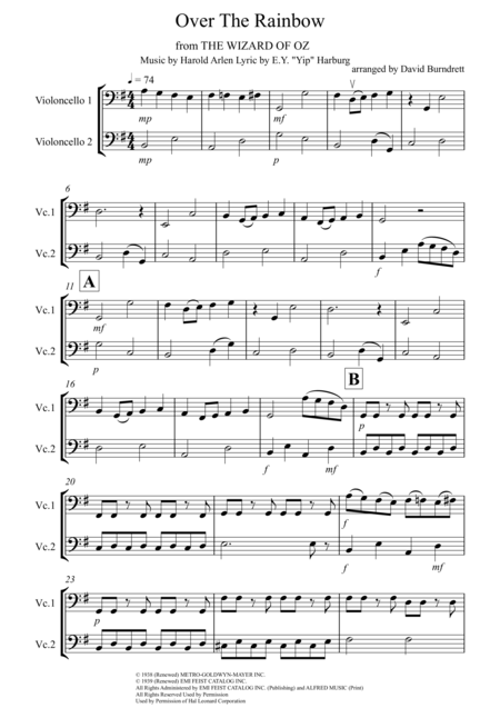 Free Sheet Music Over The Rainbow From The Wizard Of Oz For Cello Duet