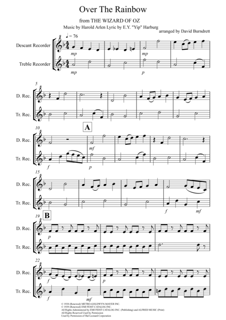 Free Sheet Music Over The Rainbow From The Wizard Of Oz For Descant And Treble Recorder