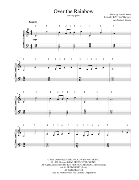 Over The Rainbow From The Wizard Of Oz For Easy Piano Sheet Music