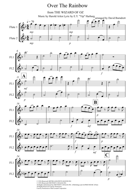 Over The Rainbow From The Wizard Of Oz For Flute Duet Sheet Music