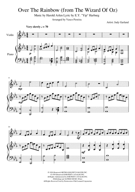 Over The Rainbow From The Wizard Of Oz For Piano And Violin Sheet Music