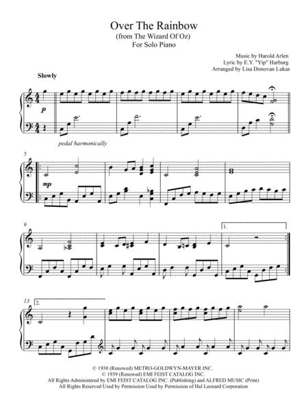 Over The Rainbow From The Wizard Of Oz For Solo Piano Sheet Music